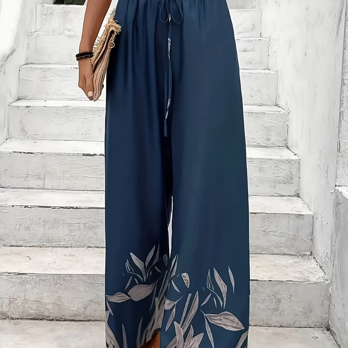 Women's Plus Floral Print Drawstring Elastic High Rise Wide Leg Trousers