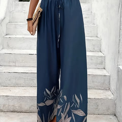 Women's Plus Floral Print Drawstring Elastic High Rise Wide Leg Trousers