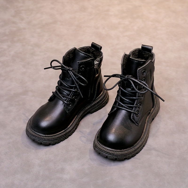 Girls Lace Up Zipper Boots Non Slip Plus Fleece for Autumn Winter