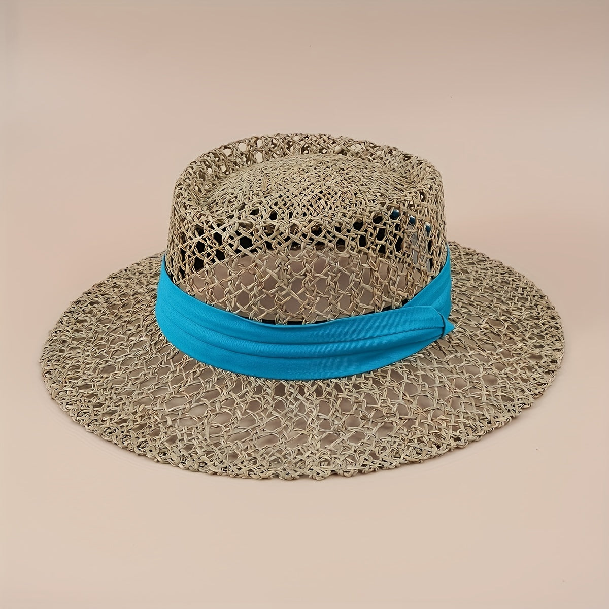 Flat Top Summer Sun Hat Hollow Straw Hat British Jazz Fedora Cap