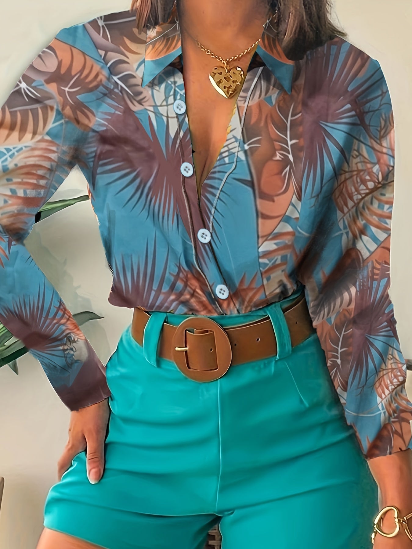  Tropical Print Button Up Long Sleeve Blouse