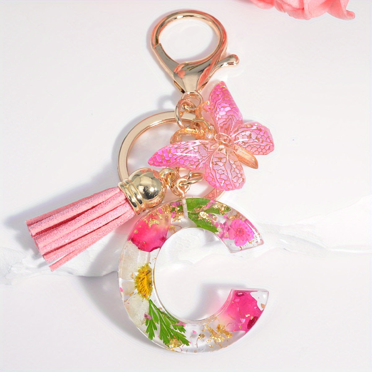 Initial Letter Keychain Dried Flower Butterfly Charm Gift