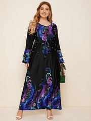 Floral Beaded Pearl Bell Sleeve Maxi Dress Plus Medium