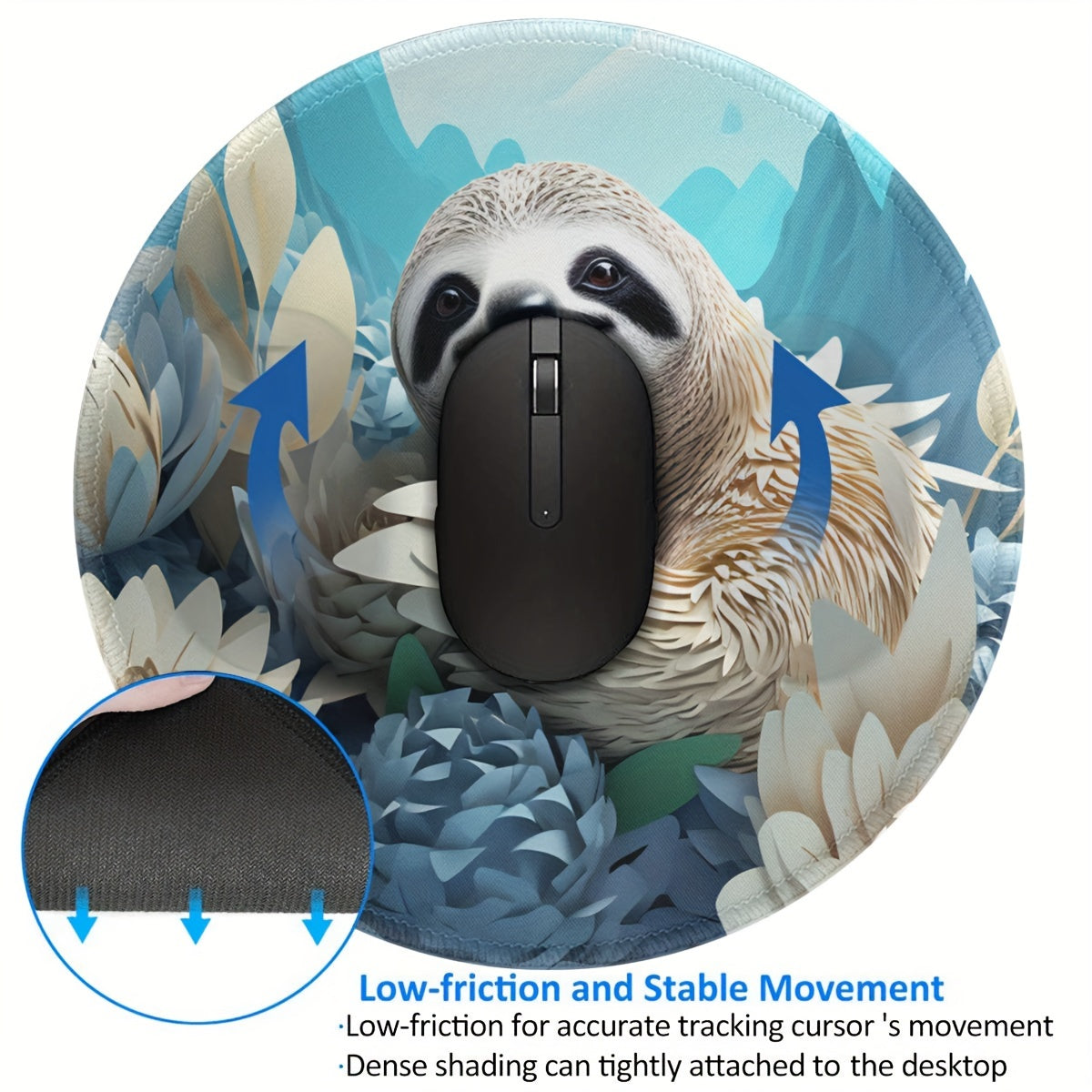 Round Sloth Pattern Mouse Pad with Stitched Edge for Home Office Desk