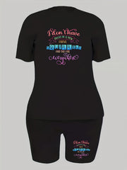 Women's Plus Slogan Print Top & Shorts Set