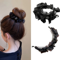 Ruffled Bow Decor Hair Claw Clip Large Duck Billed Clip Rhinestone Glitter Women