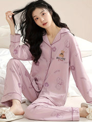Bear Print Pajama Set Long Sleeve Top & Pants Women's Sleepwear