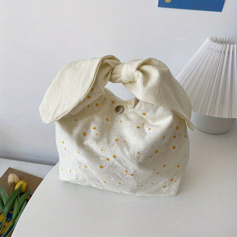 Bow Knot Handle Portable Cosmetic Bag Allover Print Lunch Bag Travel Handbag