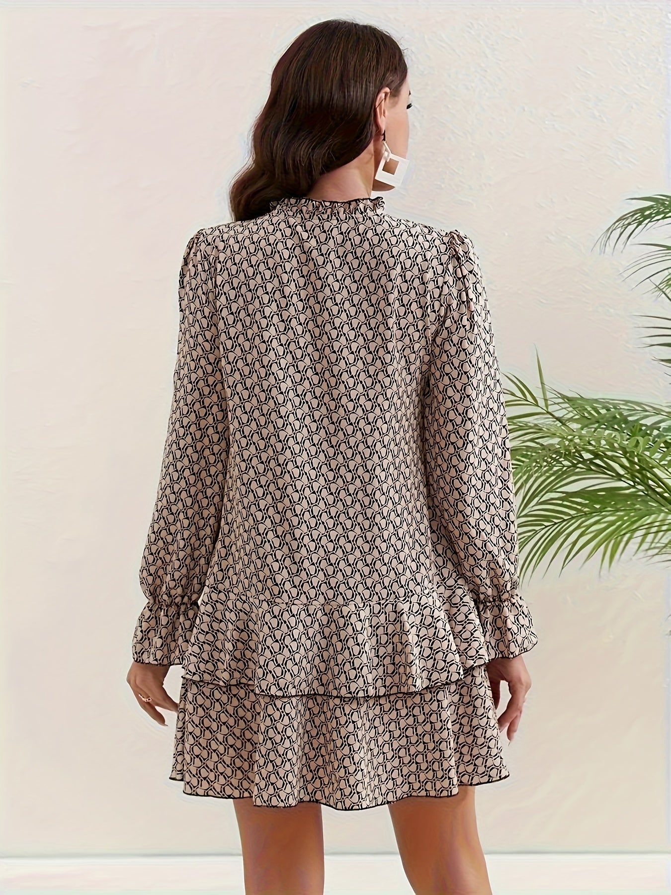  Allover Print Layered Ruffle Trim Flounce Sleeve Dress