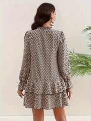  Allover Print Layered Ruffle Trim Flounce Sleeve Dress