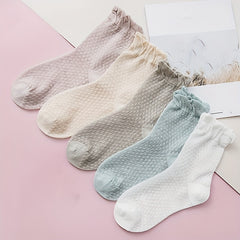 5 Pairs Ruffle Polka Dot Socks - Comfy & Breathable Women's Mid Tube Stockings