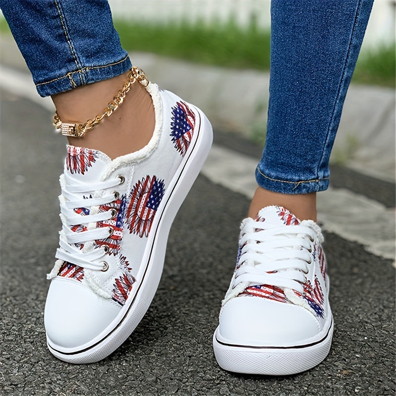 4th of July Sunflower Print Canvas Shoes Low Top Lace Up Sneakers