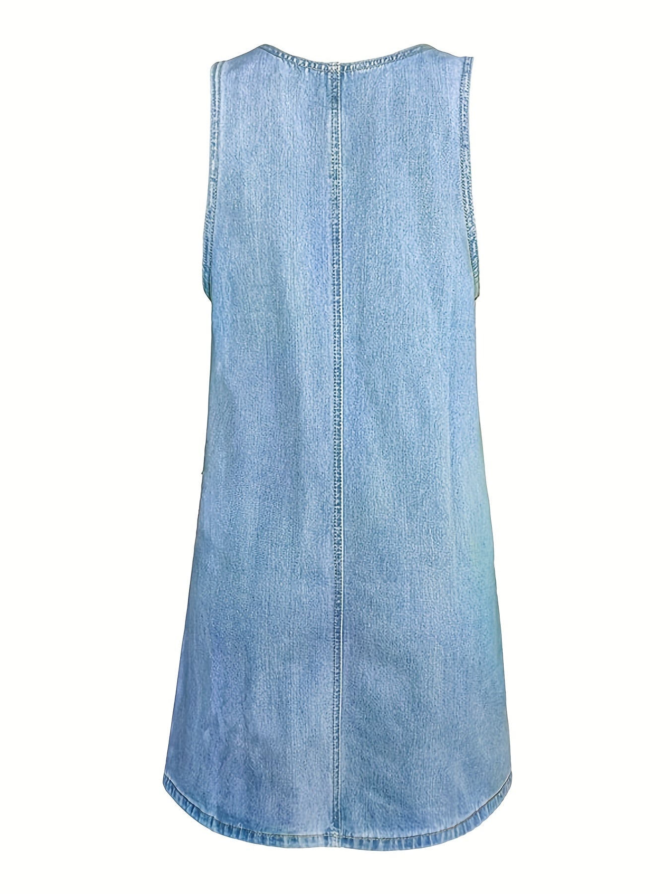 Loose Fit Denim Dress Round Neck Patch Pockets Adjustable Strap