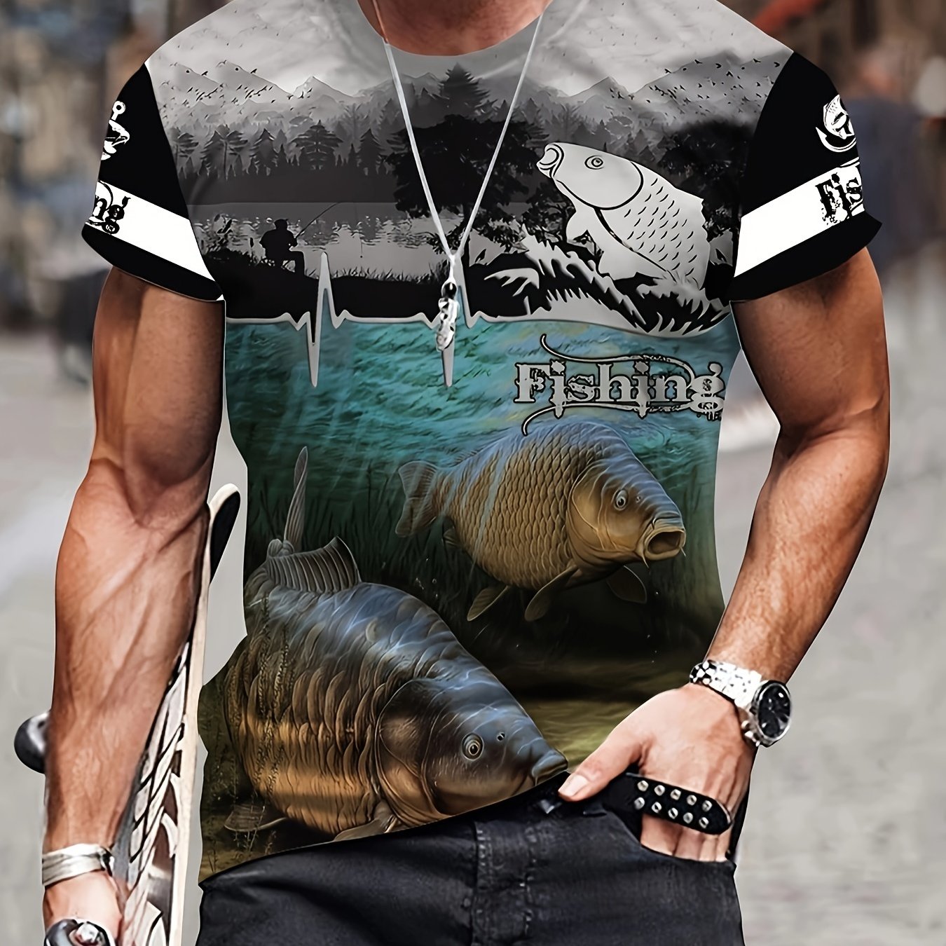 Men's 3D Fishing Print Mid Stretch T-shirt for Outdoor Summer