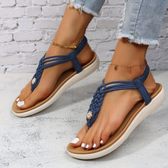 Women's Braided Flat Sandals T strap Open Toe Beach Non Slip Sandals