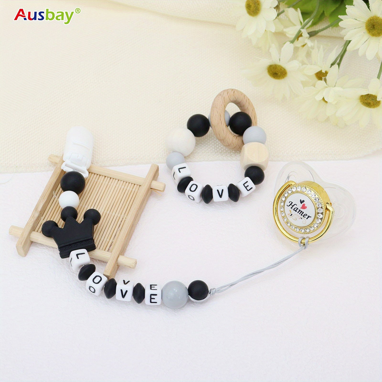 2pcs Personalized Baby Dummy Clip with Name Baby Rattle Teether Ring