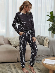 Tie Dye Print Lounge Set Long Sleeve Crew Neck Top & Elastic Waistband Pants