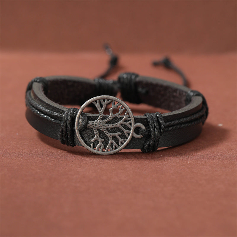 4pcs Set Men's Braided Leather Bracelets Vintage Tree Rudder Charm Brown