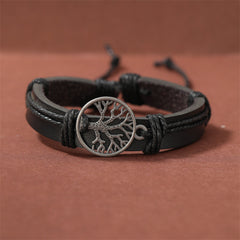 4pcs Set Men's Braided Leather Bracelets Vintage Tree Rudder Charm Brown