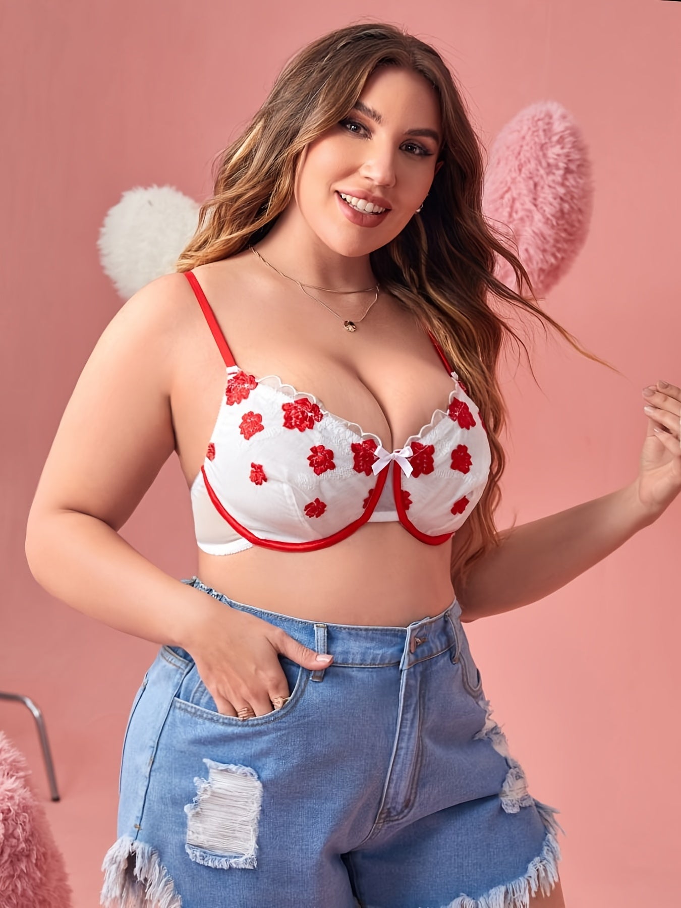  Sexy Bra Women's Plus Floral Print Bow Knot Contrast Mesh Lingerie