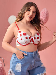  Sexy Bra Women's Plus Floral Print Bow Knot Contrast Mesh Lingerie