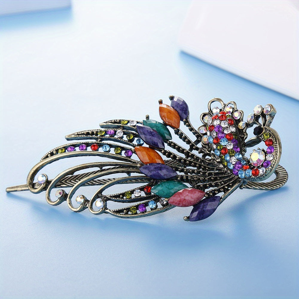Vintage Rhinestone Peacock Hair Clip for Women