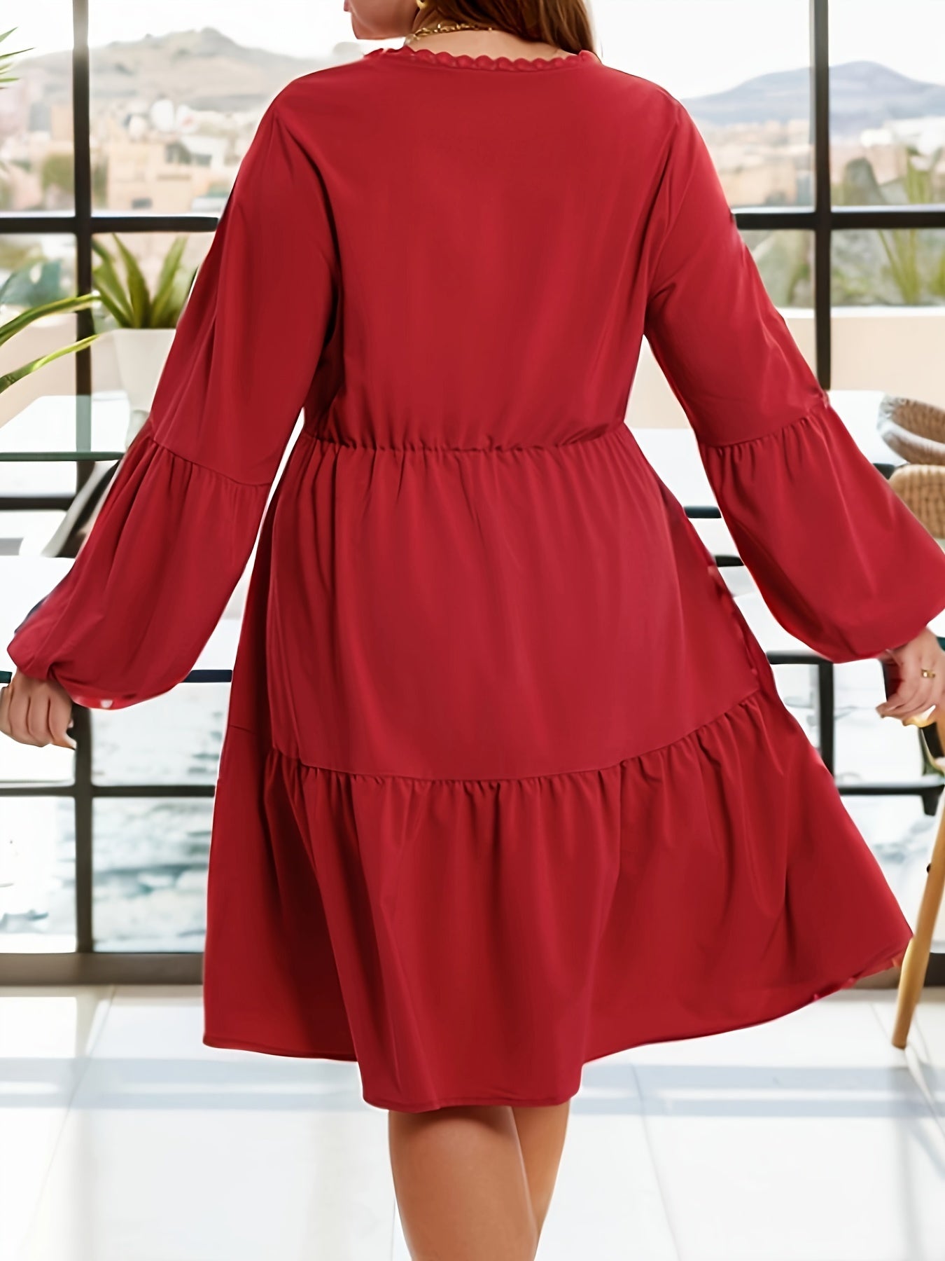 Plus Size Lace Sleeve Smock Dress V Neck