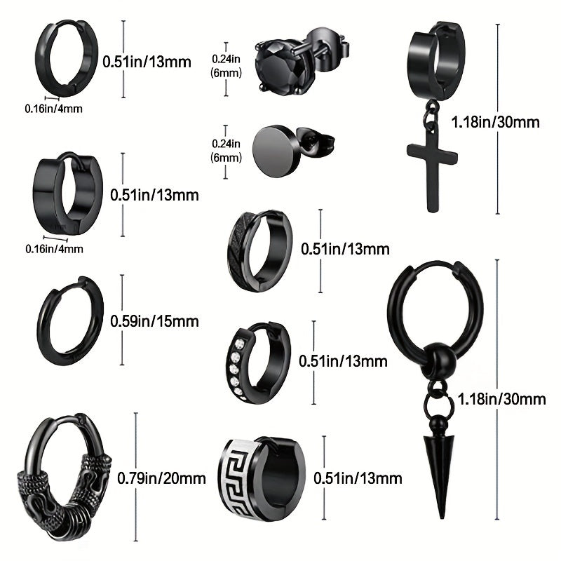 11 Pairs Stainless Steel Small Hoop Cross Hanging Earrings Set