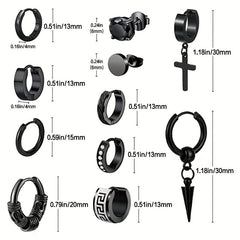 11 Pairs Stainless Steel Small Hoop Cross Hanging Earrings Set