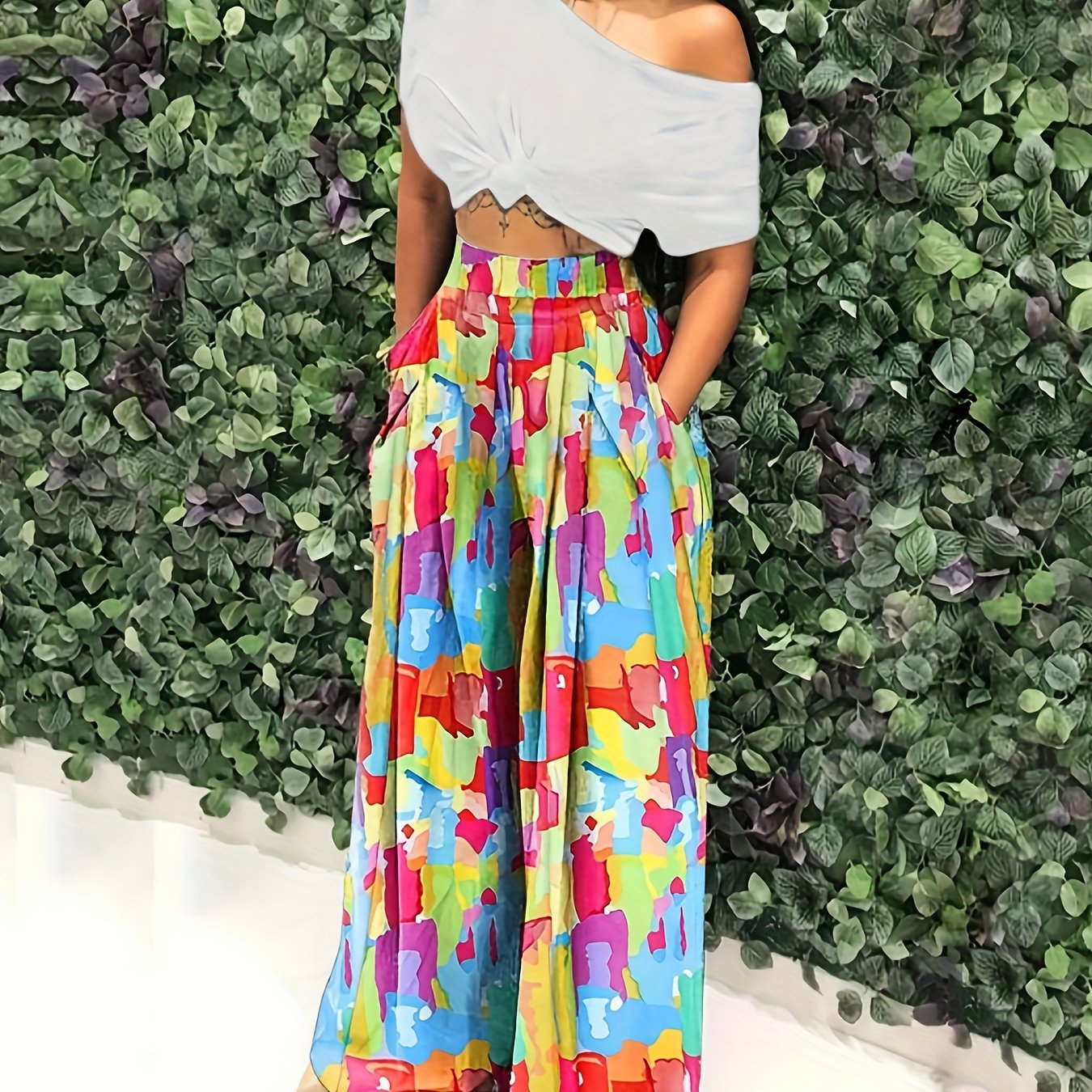 Women's Plus Contrast High Rise Wide Leg Pants With Pockets
