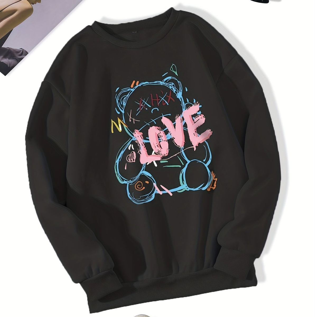 Letter & Bear Print Sweatshirt Crew Neck Pullover