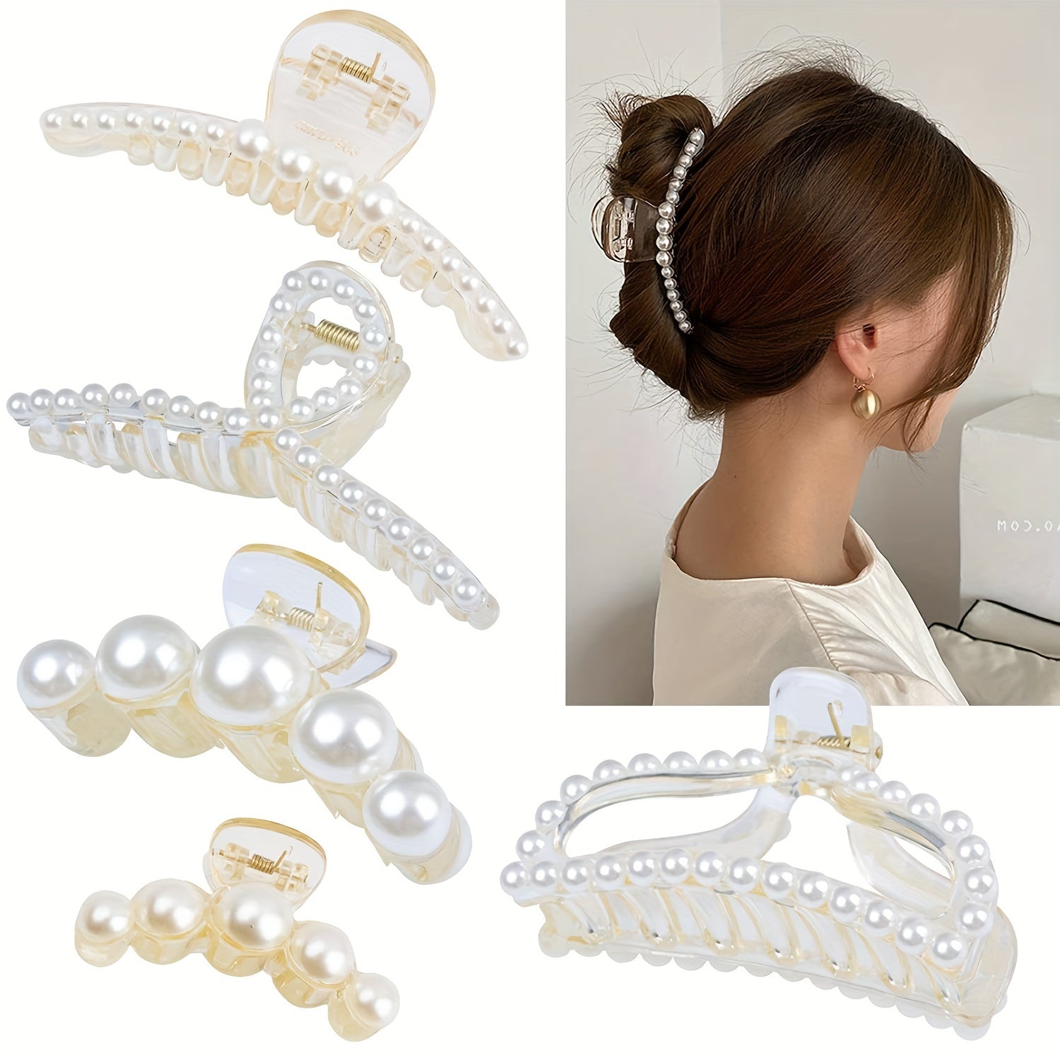 5 PCS Faux Pearl Hair Claw Large Shark Claw Head Jewelry Ponytail Holder