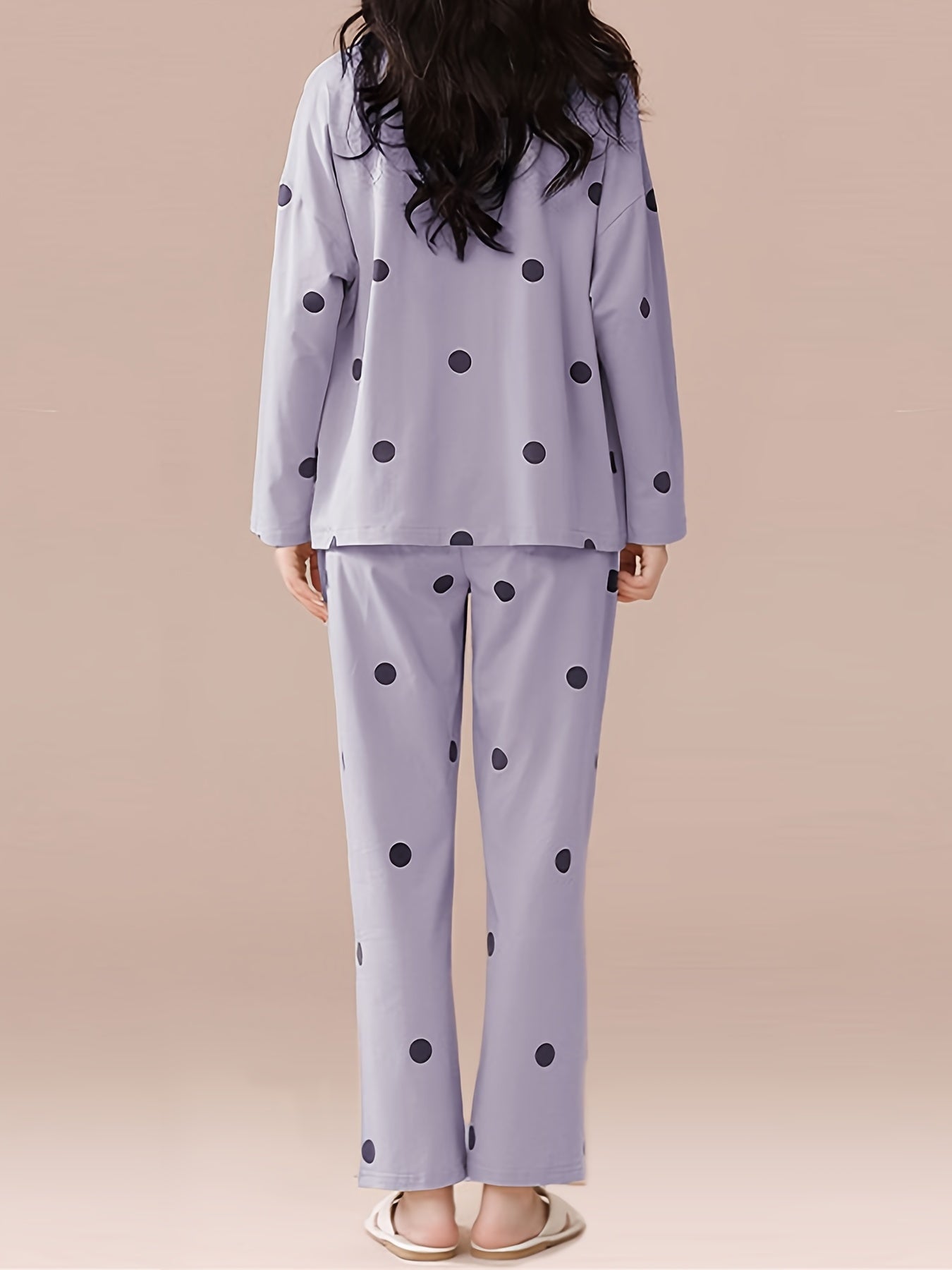 Polka Dot Pajama Set Long Sleeve Top & Pants Women's Sleepwear