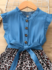 Girls Sleeveless Ruffle Denim Leopard Print Princess Dress