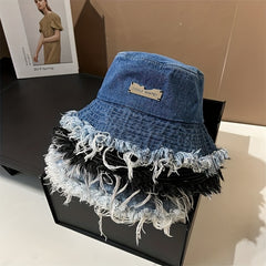 Ripped Washed Bucket Hat Unisex Tassel Denim Basin Hat Iron Label Decor