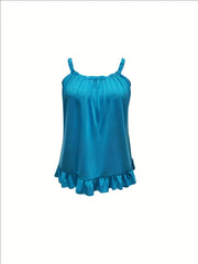  Solid Ruched Ruffle Trim Cami Top