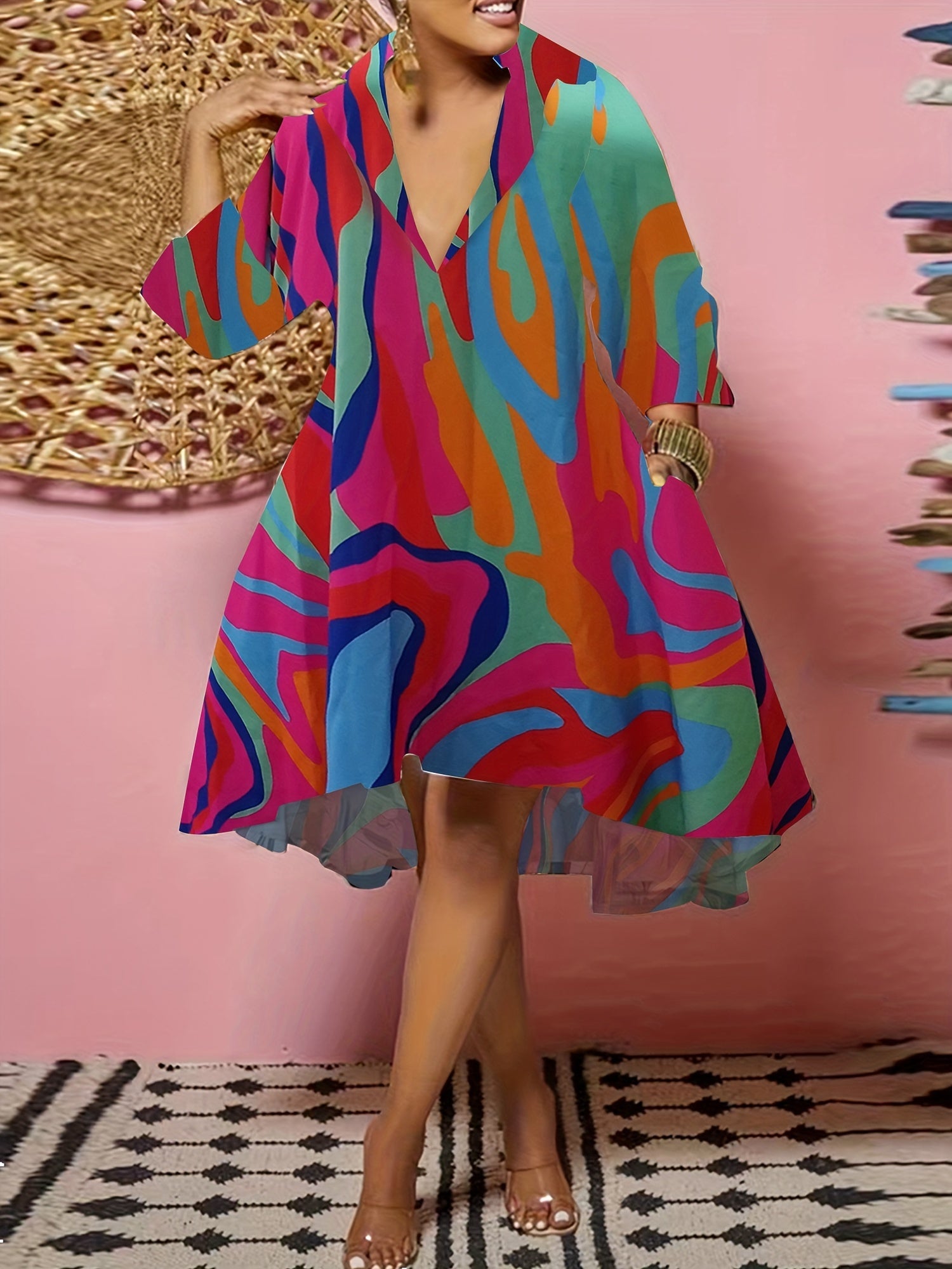  Abstract Print Long Sleeve Dress with Pockets