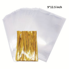 50 Clear Cellophane Treat Bags & Twist Ties for Gift Wrapping & Food Storage
