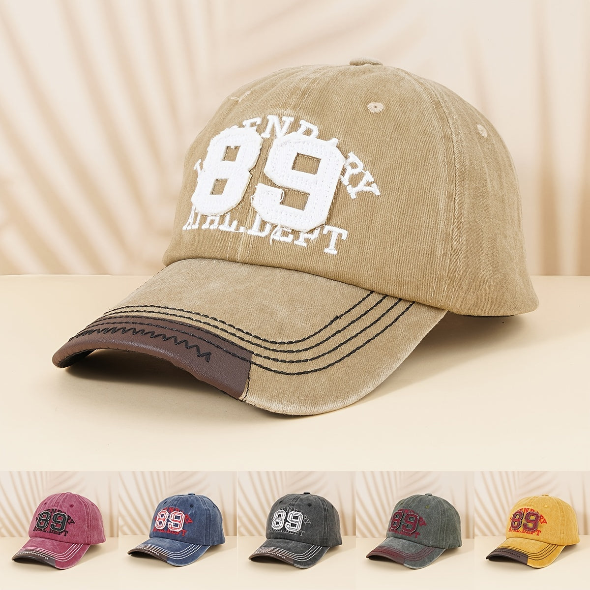 Distressed Baseball Cap with Leather Patch Embroidery