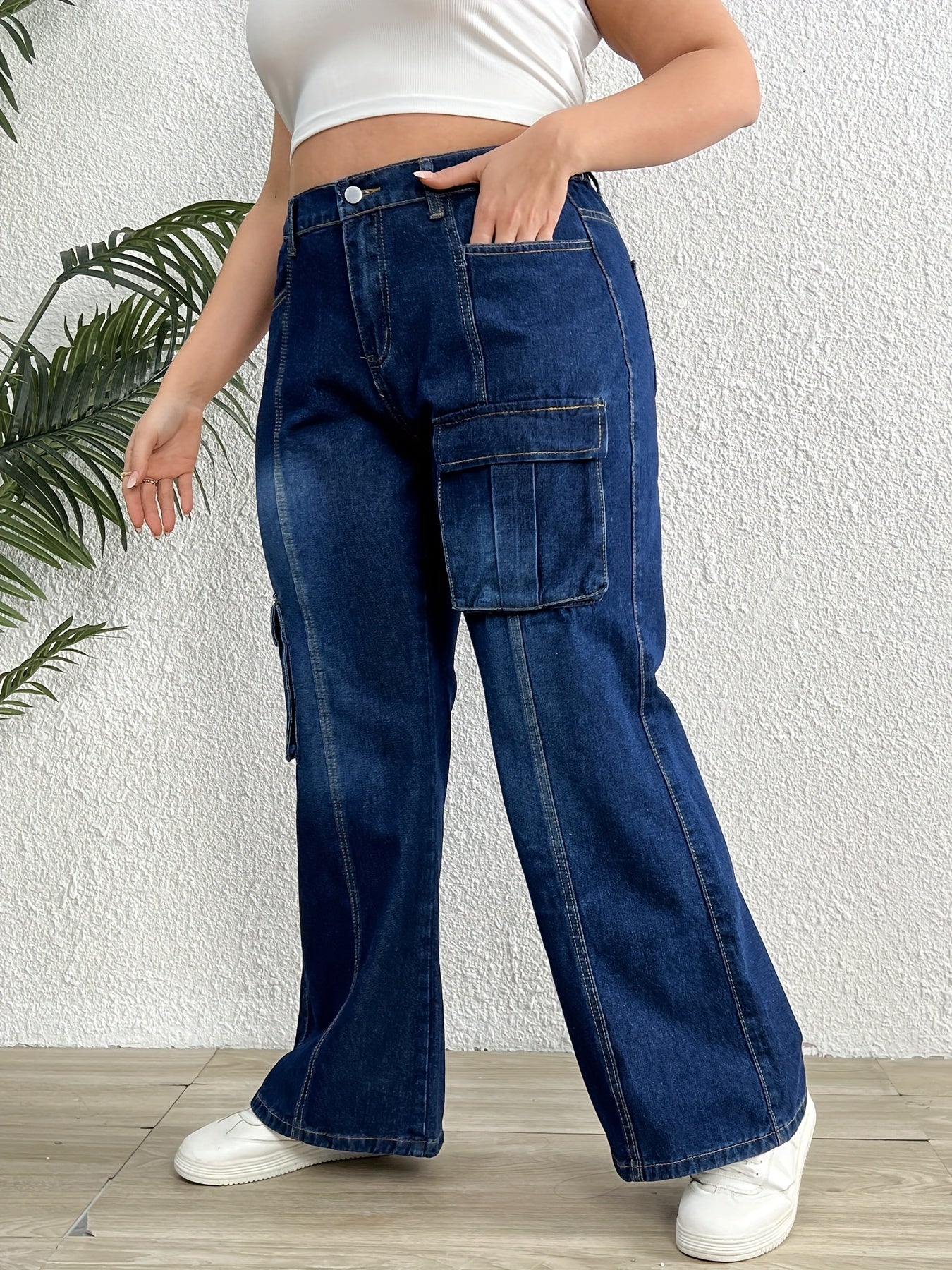  High Rise Wide Leg Jeans With Flap Pockets
