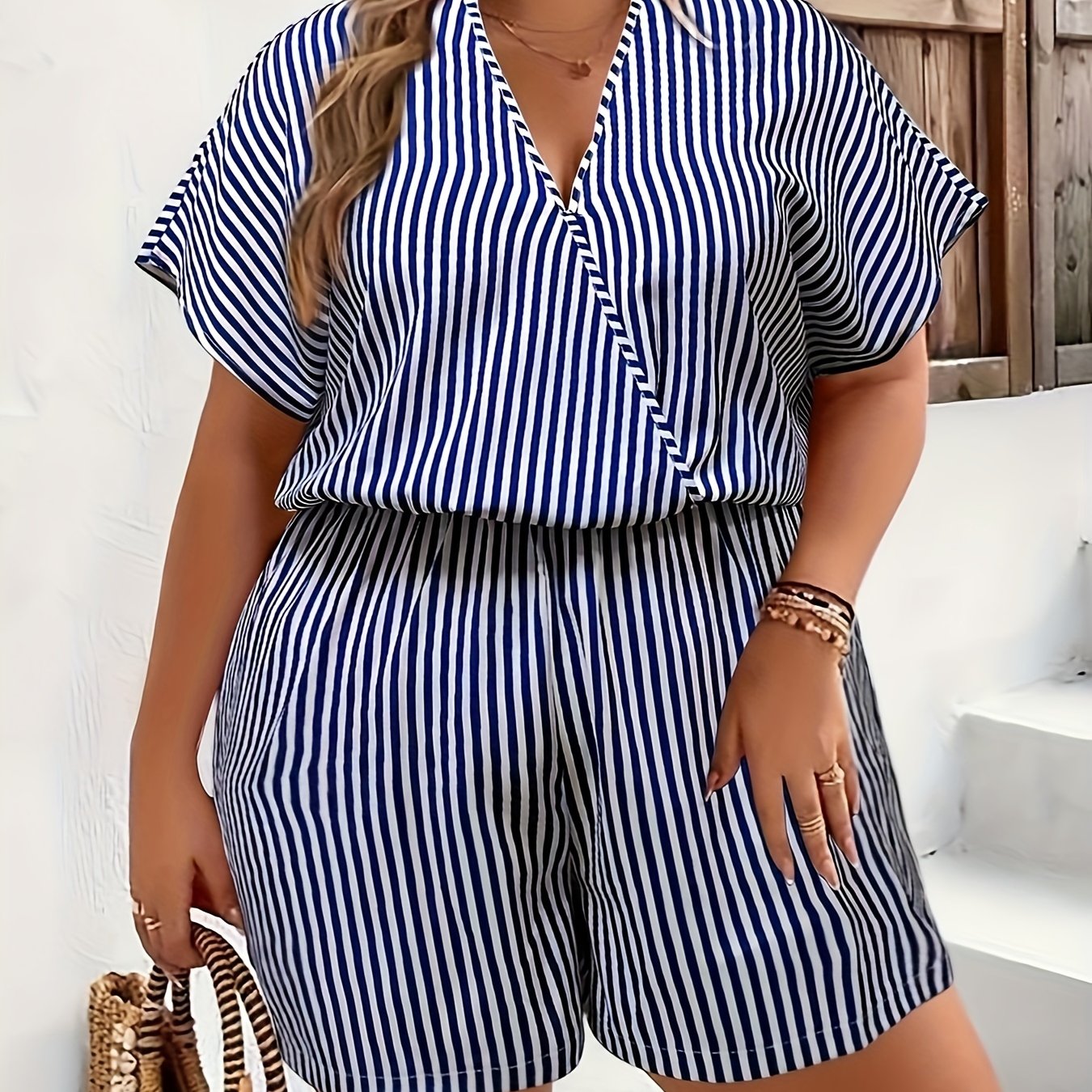  Stripe Print Batwing Sleeve Surplice Neck Romper