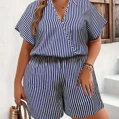  Stripe Print Batwing Sleeve Surplice Neck Romper