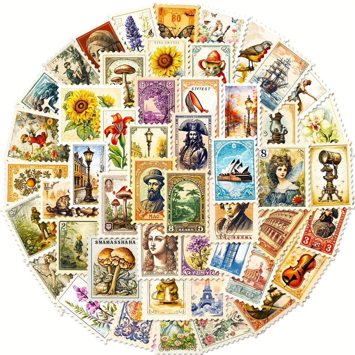 50pcs Retro Stamp Stickers for Guitar Luggage Water Cup DIY Collection