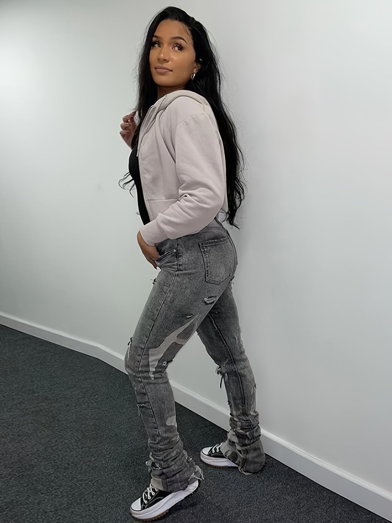 High Waist Ripped Straight Jeans Distressed Denim Pants Women's Clothing