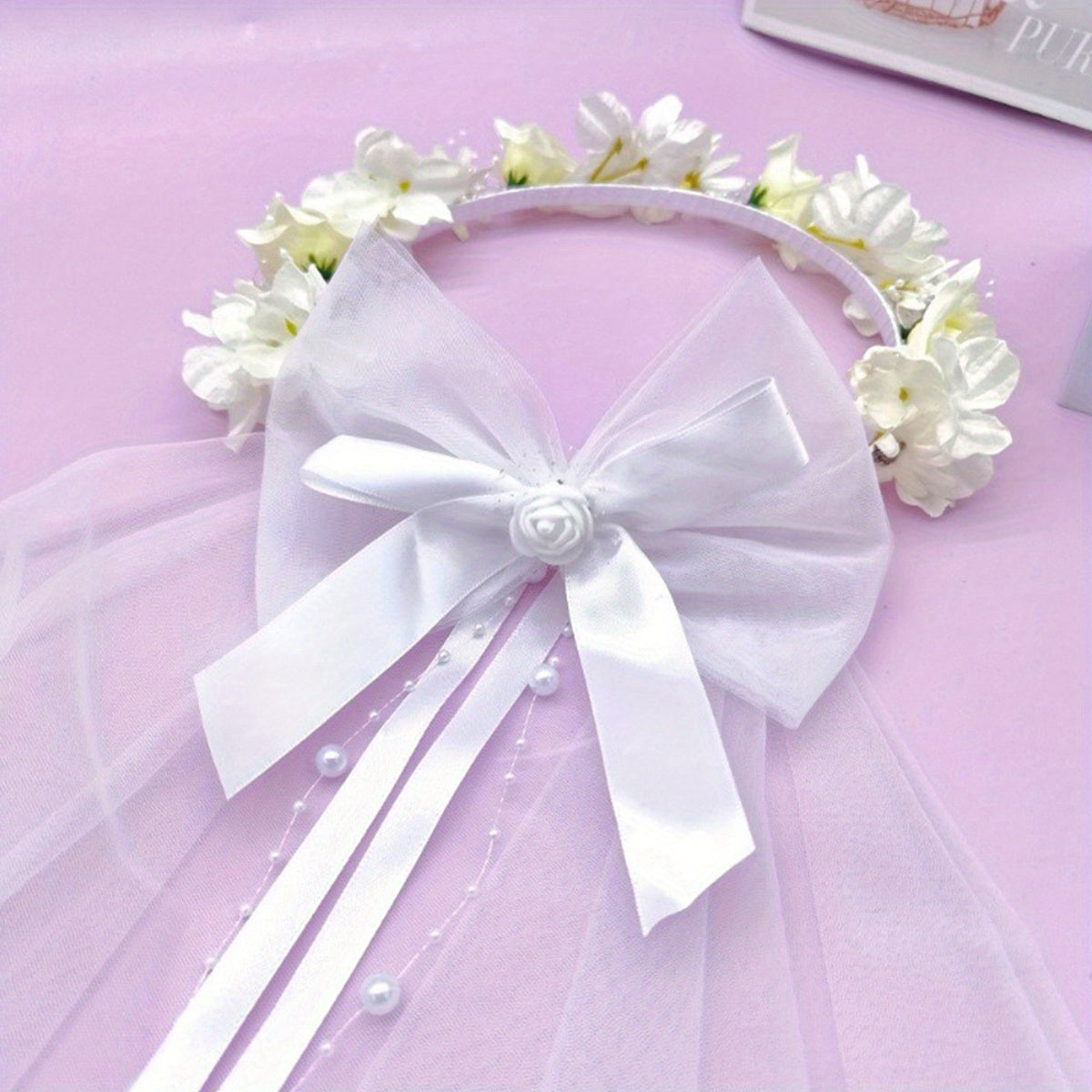 Short Wedding Veil Bow Headband for Women Bridal Veil with Floral Accents