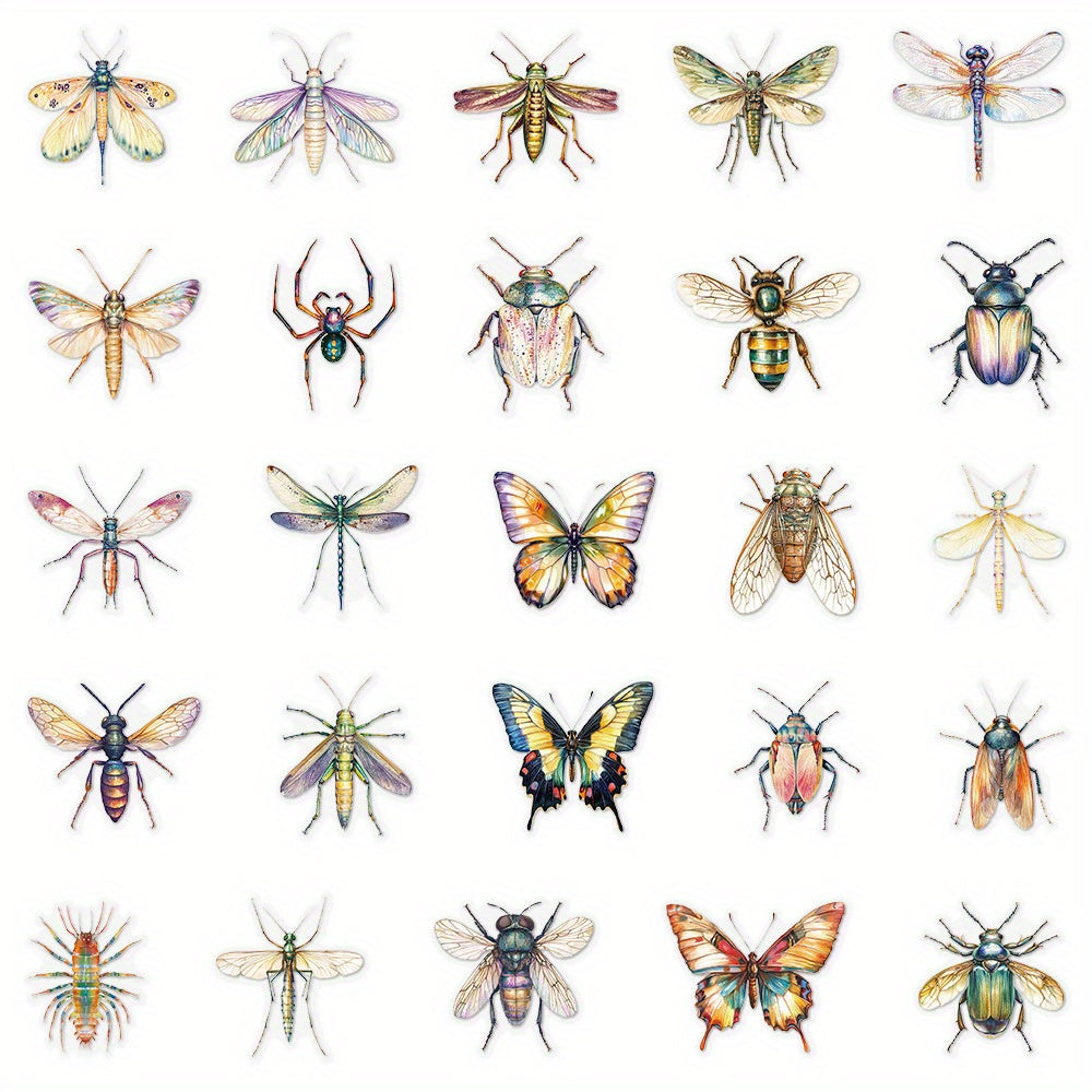 50pcs Reusable Insect Watercolor Stickers Vibrant Mixed Colors Irregular Shapes