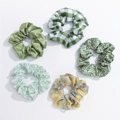 5pcs Plaid&Floral Print Scrunchie Hair Tie Green Hair Accessories