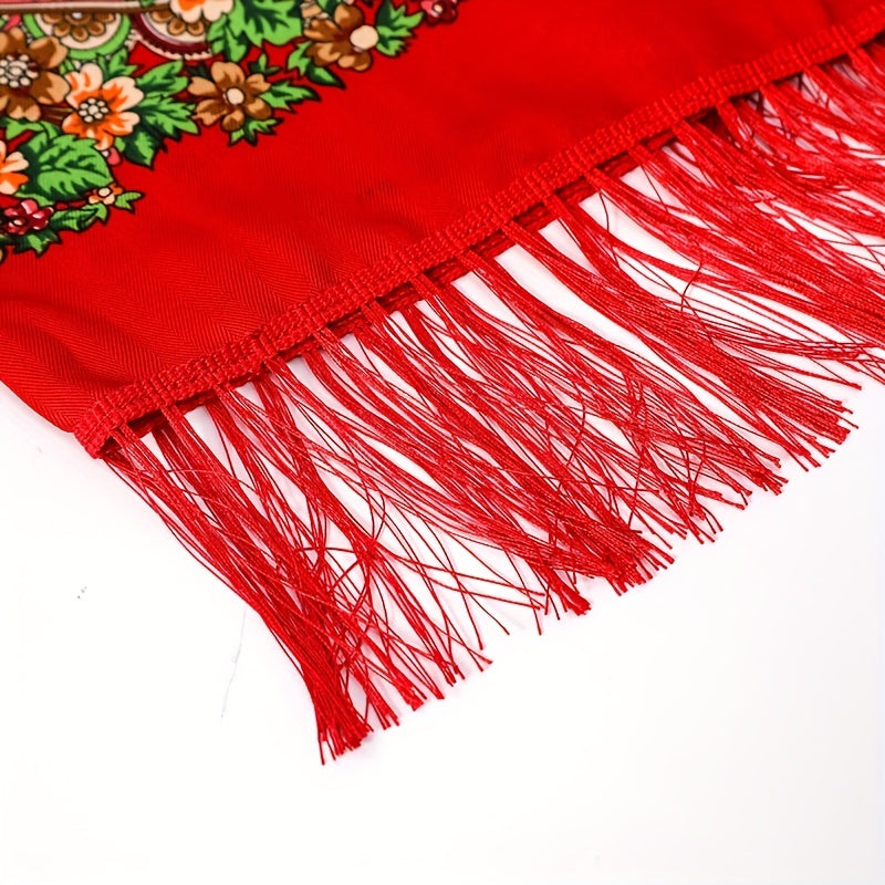 Vintage Flower Print Oversized Shawl with Tassel Wrap