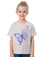 3D Butterfly Graphic Crew Neck Short Sleeve T shirt Girls Casual Pullover Tops