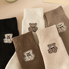 5 Pairs Cartoon Bear Print Socks & Soft Mid Tube Socks Women's Stockings